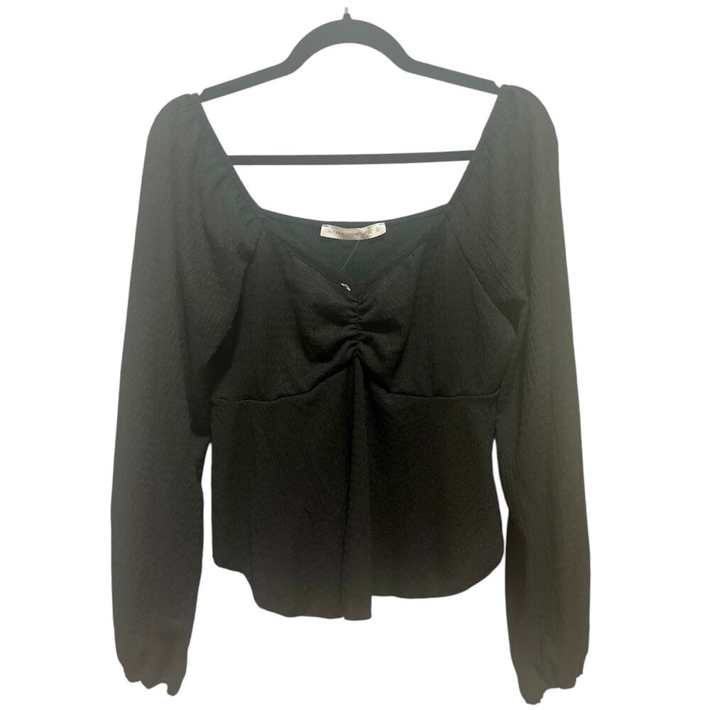 Altar’d State Black Long Sleeve Peplum Top L | Textured Ruched Boho Romantic NWT